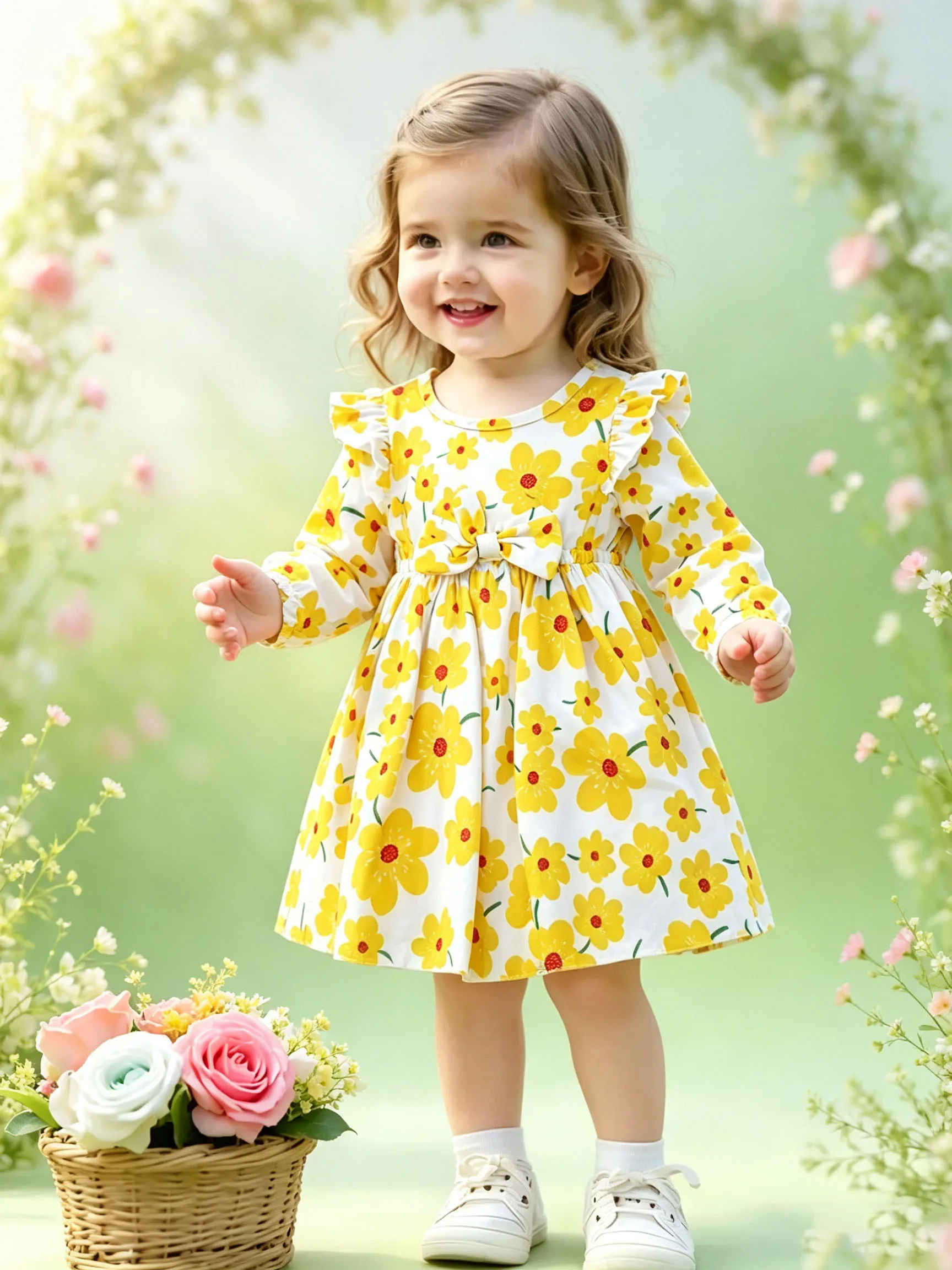 Little Girls Long Sleeve Yellow Floral Dress Ruffle Bow Princess Casual Party Dress 1‑6 Years