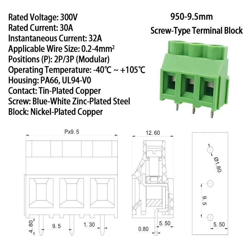 950-9.5mm 스크류 단자대 - 순동 스플라이스 가능 커넥터, 2P/3P 녹색 PCB 장착/스택 가능 설계, 대량 할인