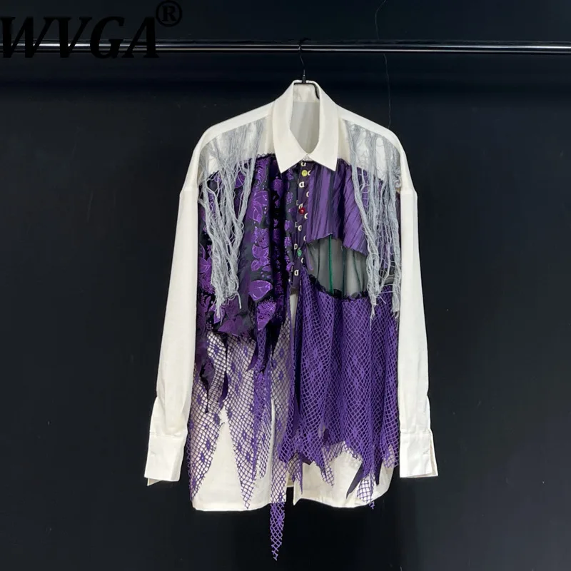 

WVGA Spring Autumn New Man Tide High Street Patchwork Hollow Out Trendy Long Sleeve Shirts Niche Chic Casual Tops Ins Y2K W12362