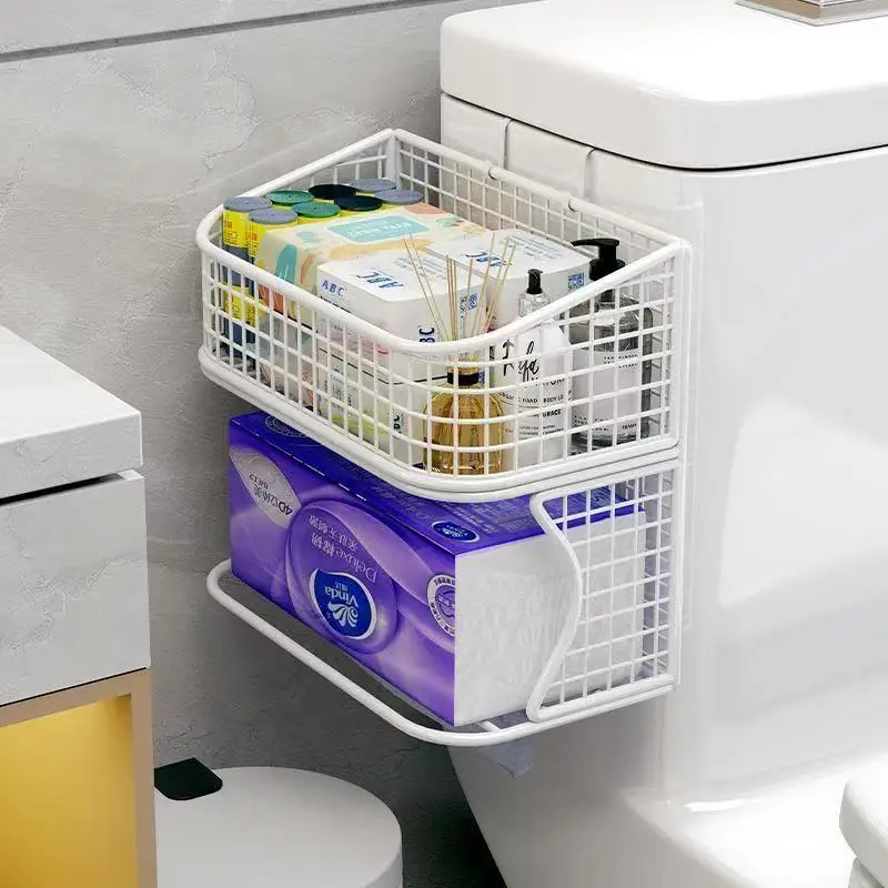 

Modern Minimalist Iron Wall-Mounted Toilet Side Storage Rack Living Room Bathroom Tissue Box Organizer No Drilling Required