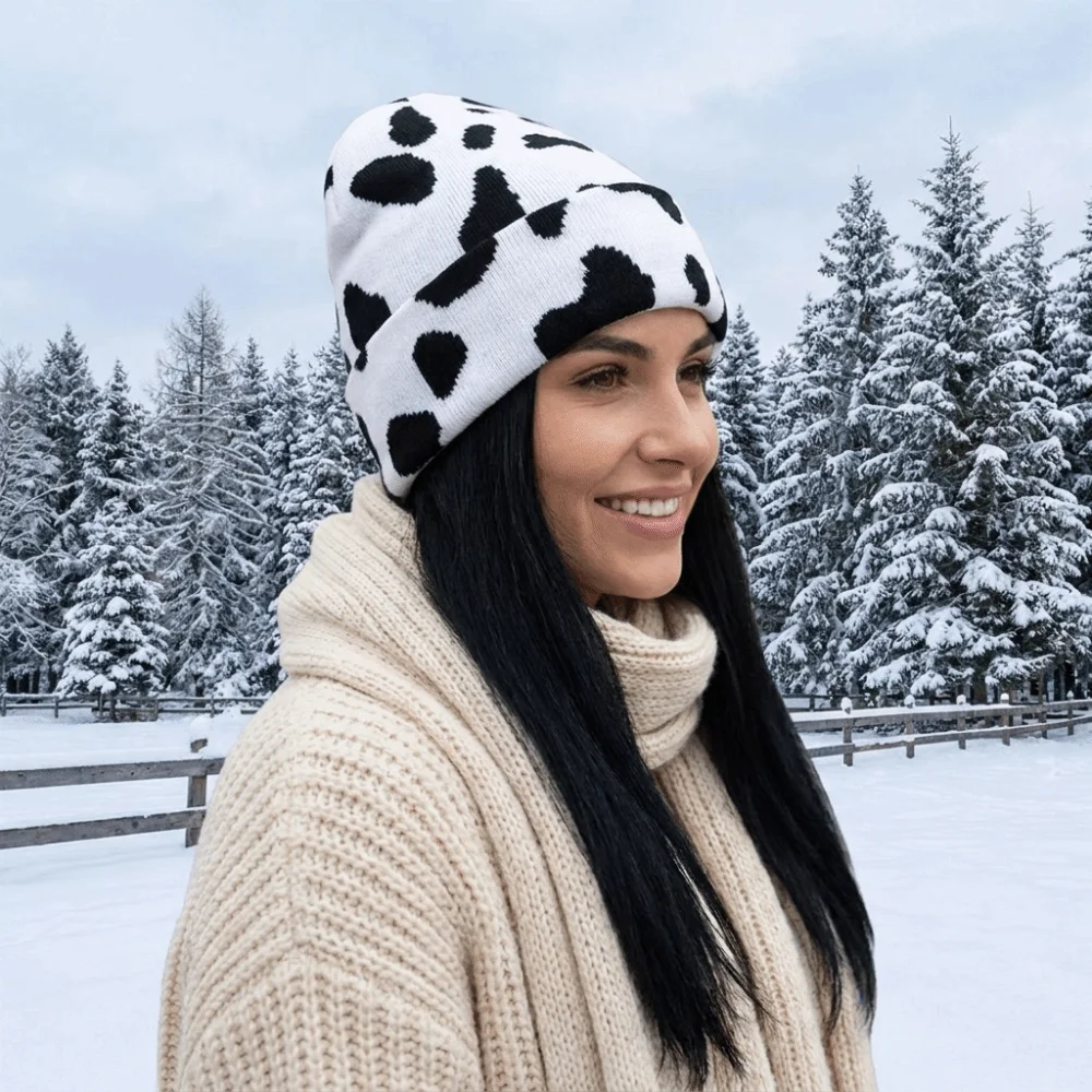Casual Thickened Cow Pattern Knitted Hat Keep Warm Ear Protection Pullover Hat Coldproof Windproof Winter Beanie Hat Skiing