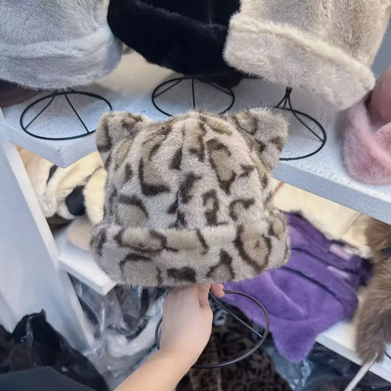Women’s Retro Leopard Print Plush Bucket Hat Winter Warm Faux Mink Ear Flap Mongolian Trapper Hat​