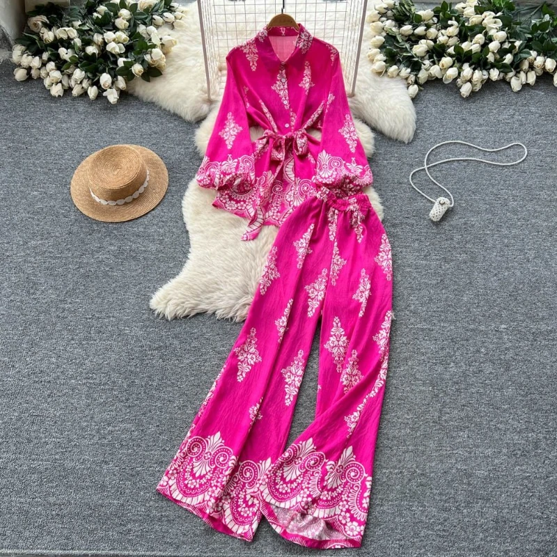 

Retro ethnic style printed two piece set women's summer bubble sleeves polo collar shirt+elastic high waist wide leg pants