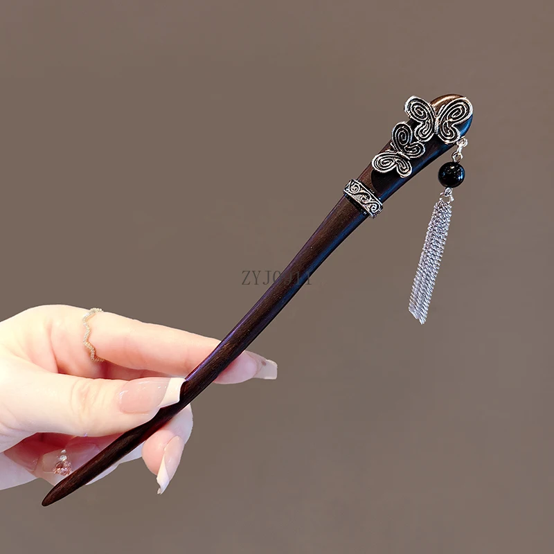 دبوس شعر على الطراز العرقي بتصميم عتيق من الفضة المقلدة على شكل فراشة مهدب على الطراز القديم دبوس شعر خشبي دبوس شعر جديد عالي الجودة