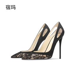 luxury women's shoes Lace Splice Black Shoes for Women High Heels Shoes 2024 Luxury Pointed toe Pumps Thin heel Shallow Prom Par