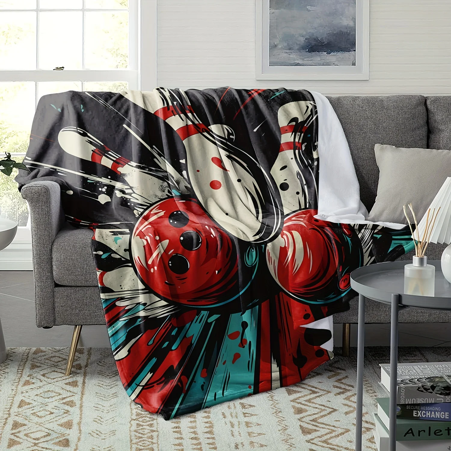 Retro Bowling Alley Throw Blanket Fun Sport Theme Couch Decor Cozy Gift for Game Night