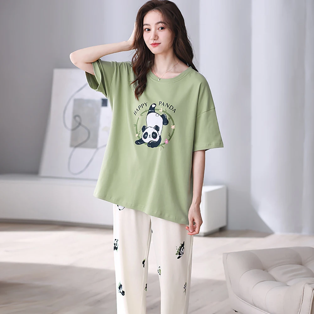 M-2XL 100% Cotton Breathable Pajamas Set 2024 Summer Short Sleeve Sleepwear Sweet Lovely Cartoon Pajama Leisure Soft Home Wear