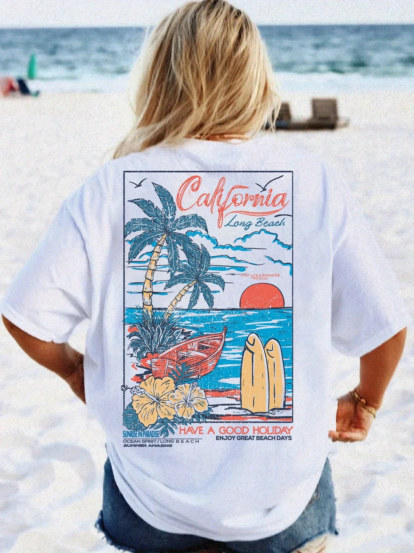 Retro Beach Men's T-Shirt with California Sunset and Surfboard Pattern Comfortable 100% Cotton Summer Casual Shirt