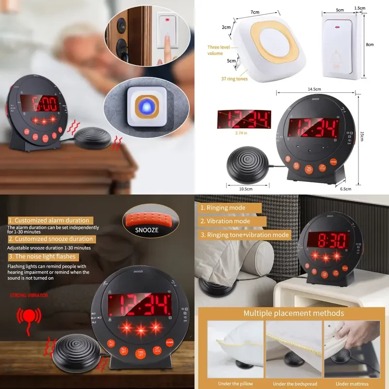Elderly Doorbell Vibration Alert Clock with LED Flash, Dual Alarm, Snooze and 433MHz Wireless Receiver