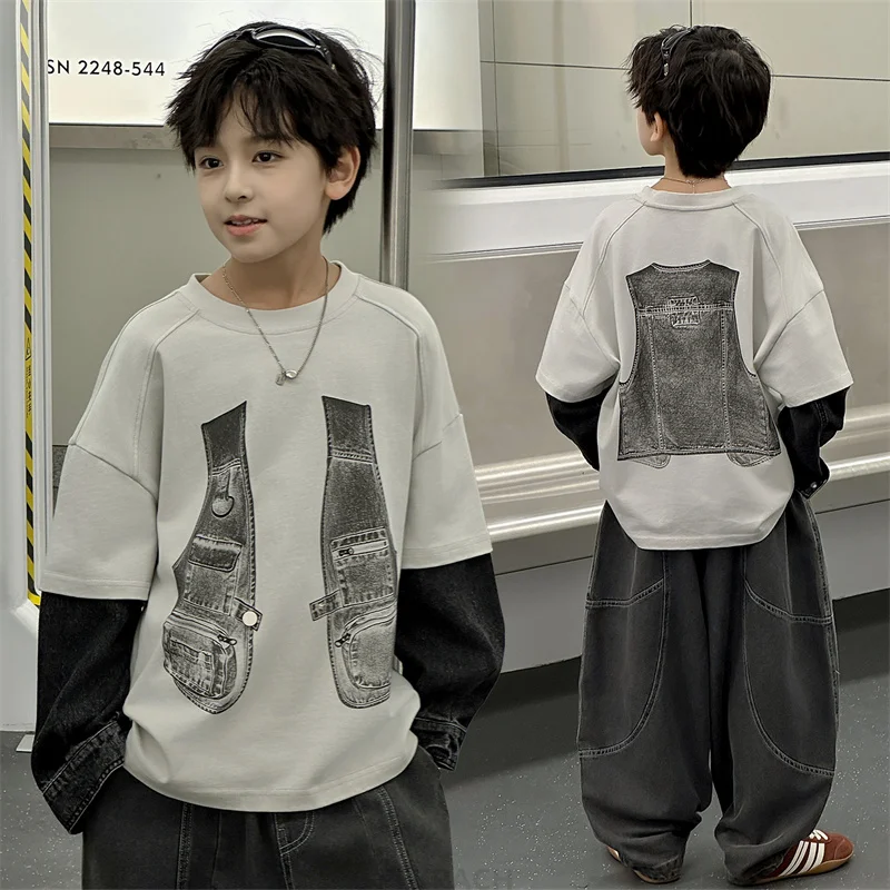 Korean Fashion Kids Child Fake Two Pieces Sweatshirt Without Hood For Boys Cotton Spring Autumn Hoodies Outerwear Age 4 To 14 Y
