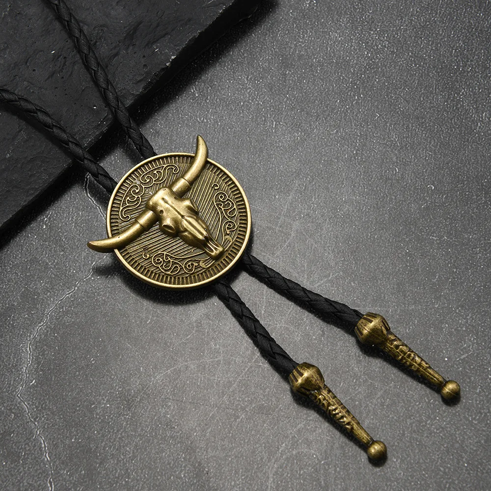 New Western Cowboy Style Bull Head Alloy Leather Bolo Tie Long Necklace for Men High Quality Fashion Jewelry Accessory