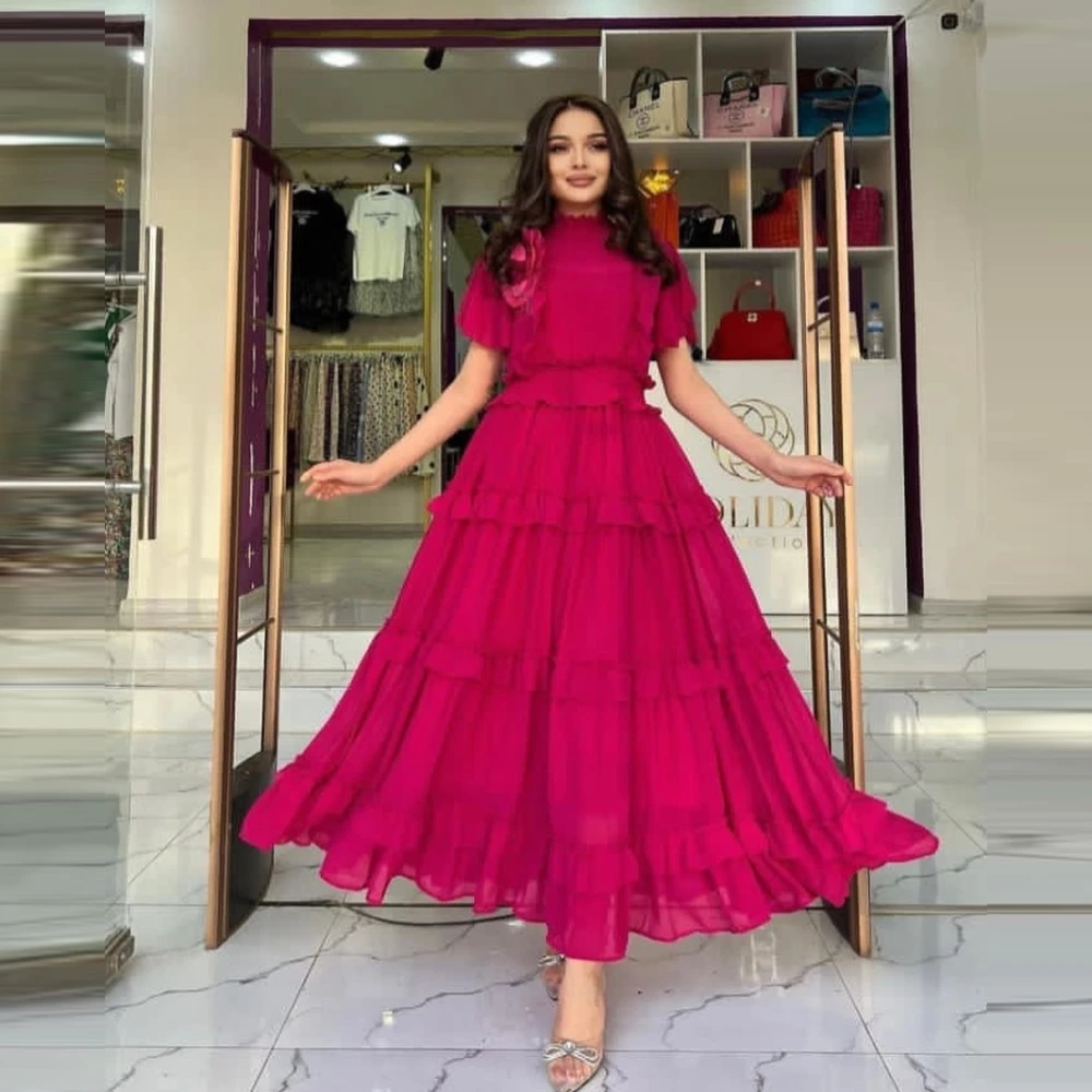 Qcenkern High Neck Puff Sleeves Evening Formal Dress Elegant Chiffon Fuchsia Party Dresses Gowns Women Robes de Soirée 2023