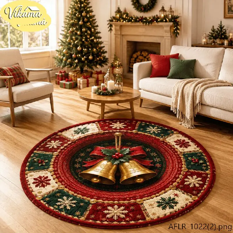 VIKAMA Christmas Round Rug Gold Bell Red Ribbon Holly Snow Area Rug Living Room Holiday Home Decor Aesthetic Art Large Premium