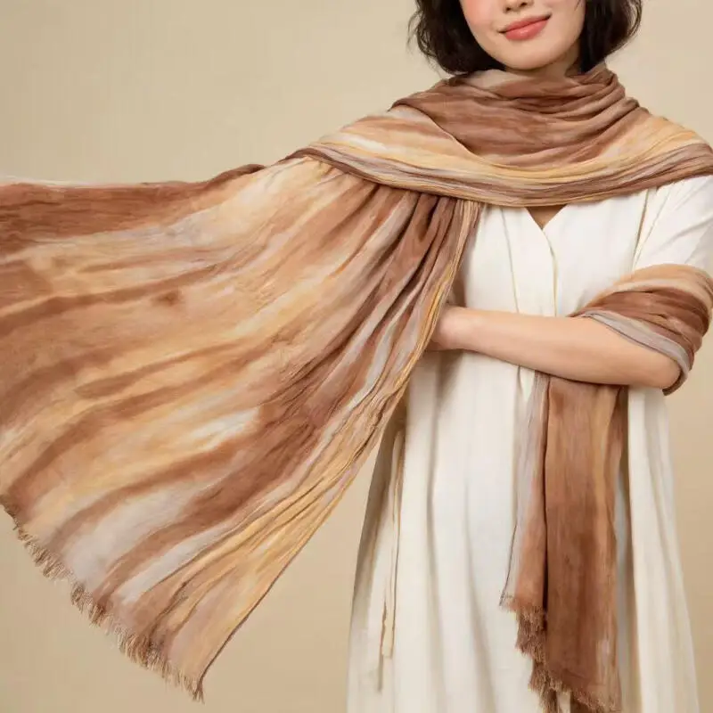 Sunscreen Bufanda Lady Travel Scarf Cotton Crease Muslim Hijab Long Bohemian Watercolor Scarves Ripple Wrap Mantilla 65*200Cm