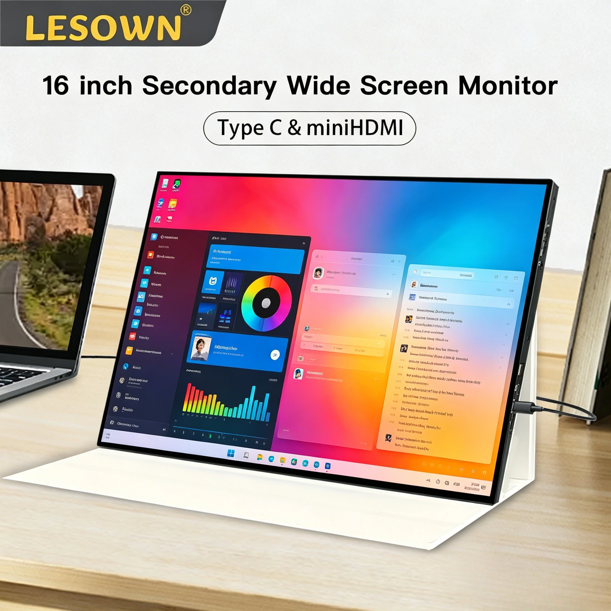 

LESOWN 16.0" 2560x1600 Portable Gaming Screen Black Alloy VESA Monitor for PS5 Xbox Series Dual Type-C miniHDTV Setup