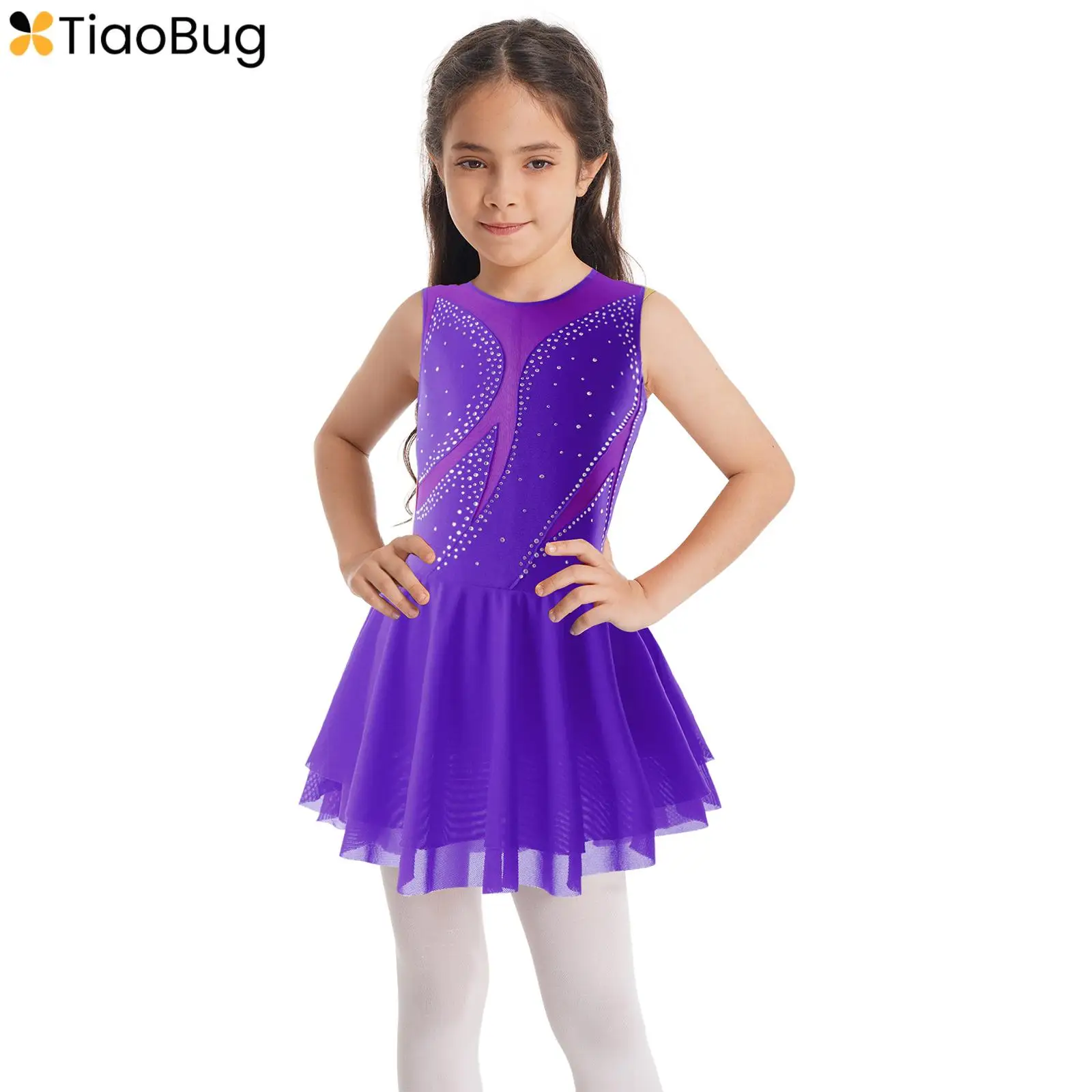 

Kids Girls Rhinestone Sleeveless Figure Ice Skating Dress Ballet Dance Ballerina Roller Skating Competition Costume Dancewear