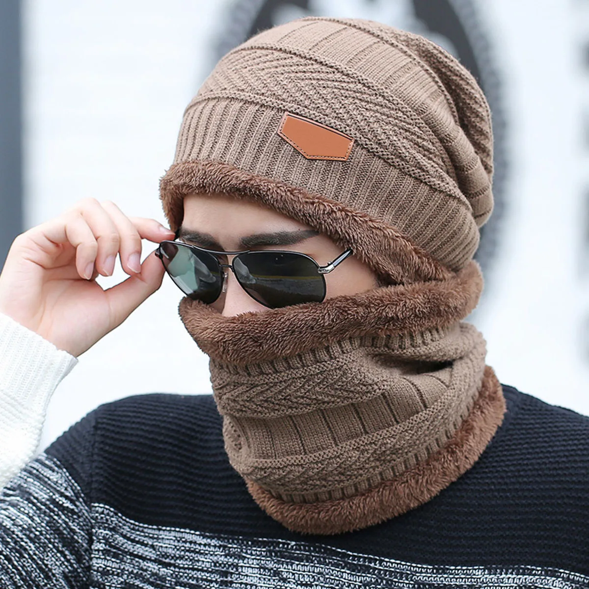 

Thicken Khaki Woolen Yarn Hat Men's Knitted Warm Neckerchief Winter Accessories Hiking Riding Fashionable