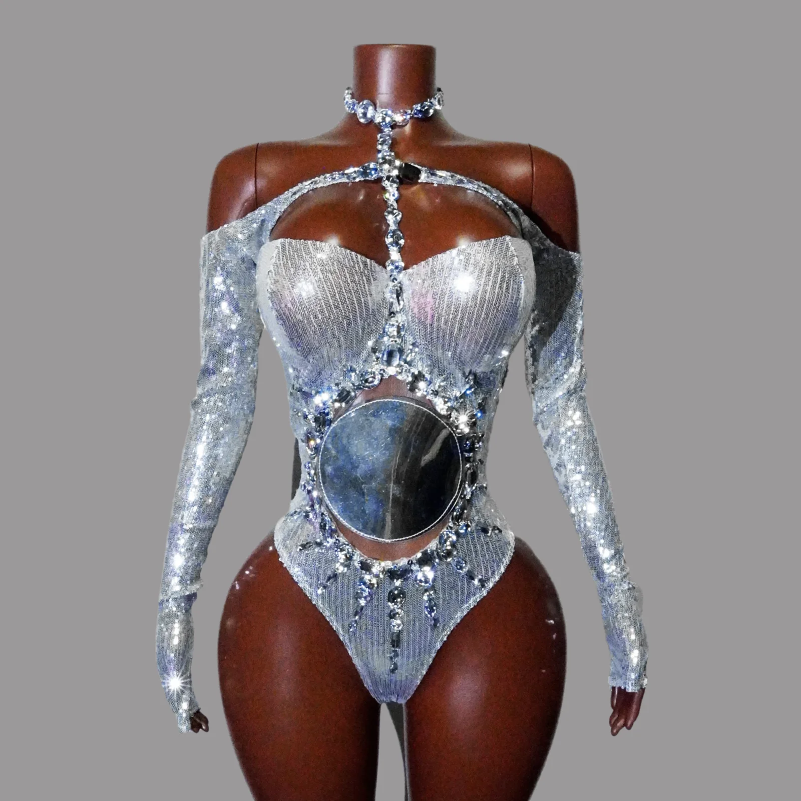 

Glitter Silver Rhinestone Sequin Mirror Bodysuit Sexy Singer Club Prom Birthday Party Dance Costumes NightClub Show Drag Queen