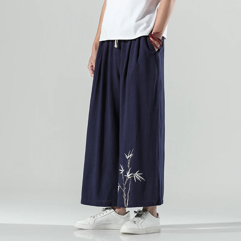 

Мужские свободные льняные брюки с широкими штанинами, драпированные, прямые, из хлопка и льна, летние, модные, винтажные, повседневные, тонкие, прямые брюки-трубы