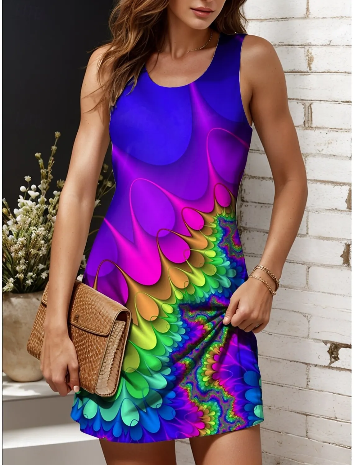 Women's Off Shoulder Ombre Abstract Print Mini Dress, Sleeveless Crew Neck A-Line Casual Spring Summer Vacation Dress
