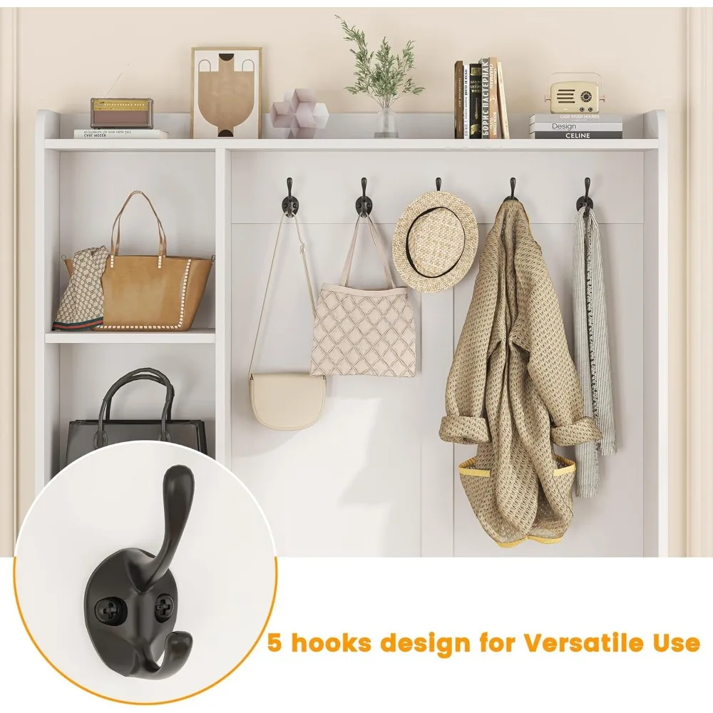 مقعد مدخل متعدد الوظائف 5 في 1 مع مساحة تخزين الأحذية ورف المعاطف وخطافات تعليق للتنظيم الأنيق