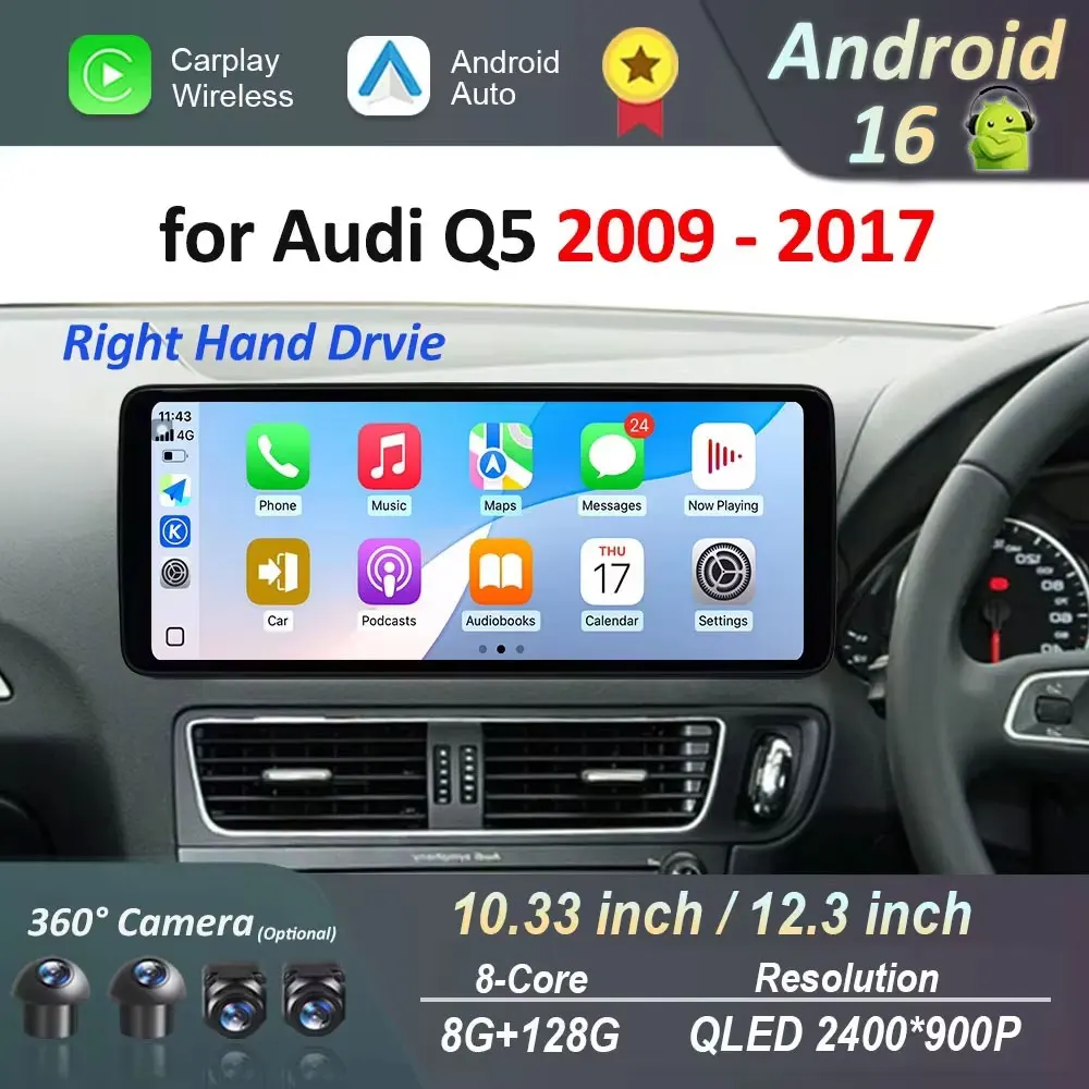 

Right Hand Drvie for Audi Q5 2009 - 2017 Android 16 Car Radio Multimedia Player BT 4G QLED ScreenDSP Stereo WiFi Navigation GPS
