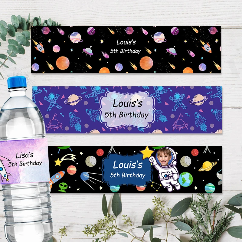 30pcs Custom Outer Space Theme Bottle Labels Astronaut Rocket Galaxy Birthday Party Baptism Decorations Personalized Name Text