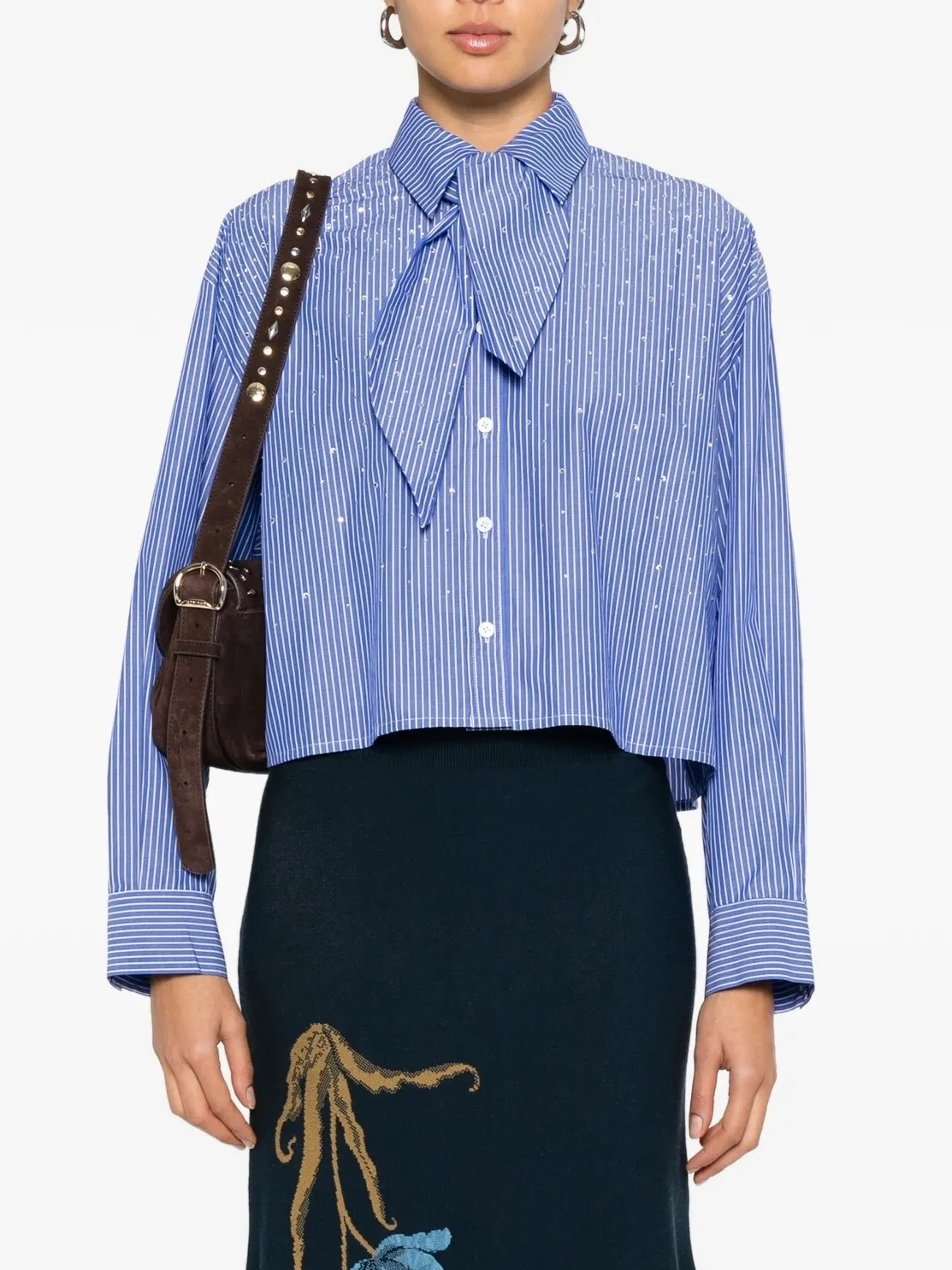 

French Sle Cotton irt with Tie Design Vertical Stripes And Diamond Embelliment Early Spring Collection Women's Faion