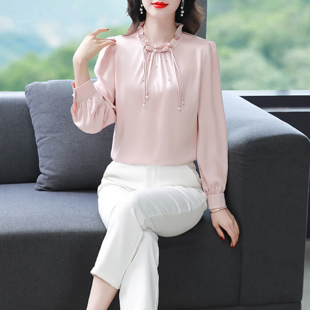 Ladies Sweet Purple Pink Blouse Office Work Shirts Women Casual Tops Long Sleeve Pullover Shirts Fashion Women Blouses 2024