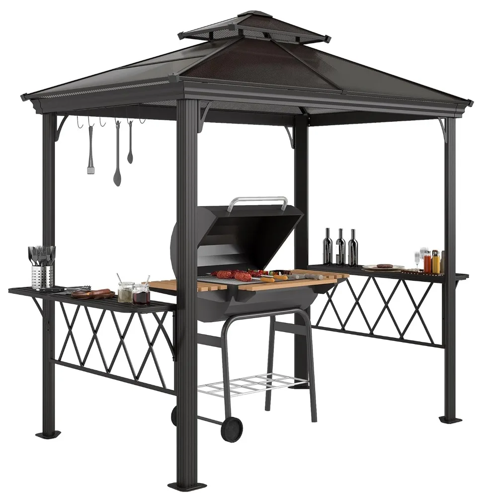 9x5 FT Grill Gazebo, Hardtop 2-Tier Polycarbonate Roof, Serving Shelves & Hooks, Outdoor BBQ Shelter, Custom