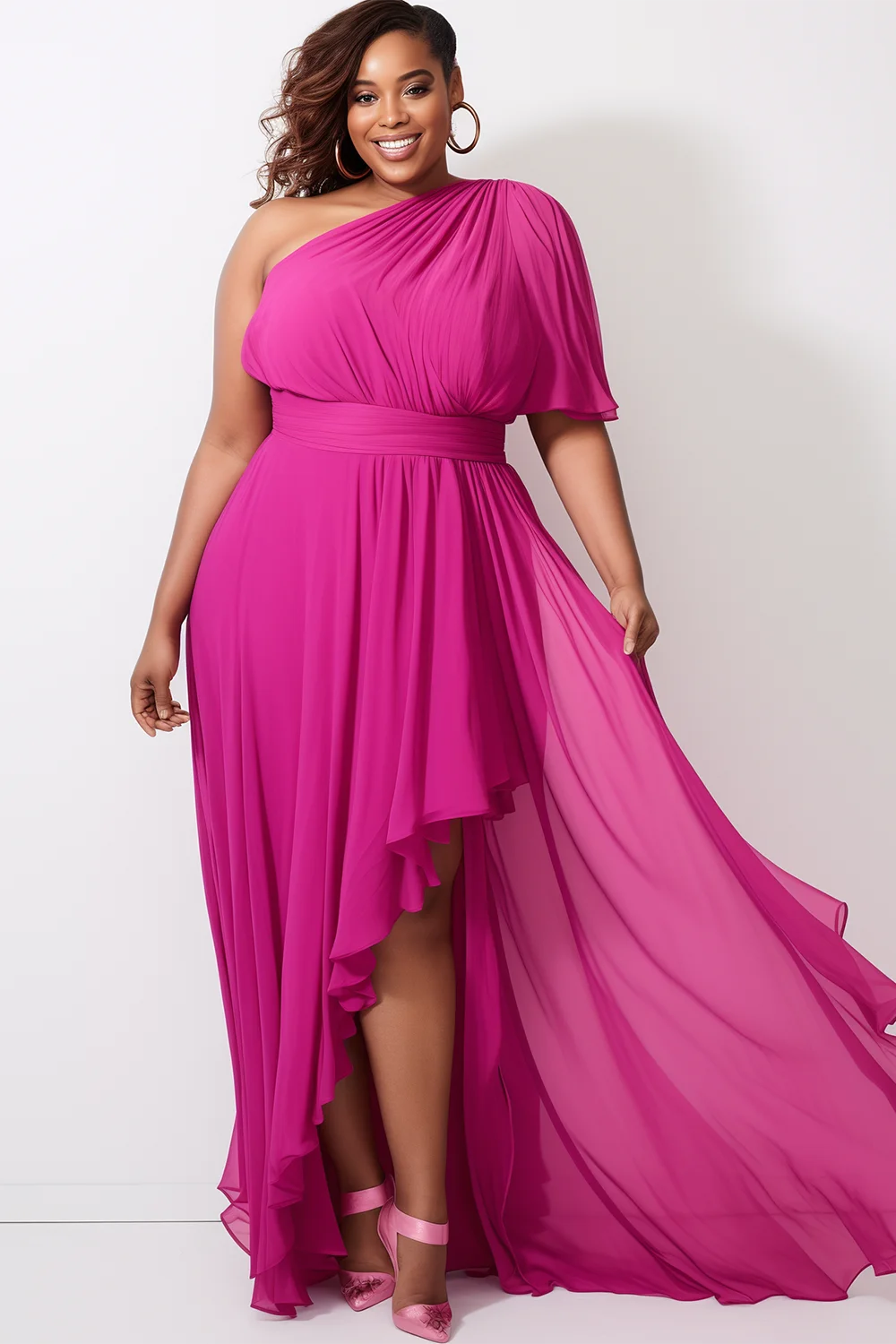 Women Plus Size Formal Hot Pink Oblique Collar Short Sleeve Irregular Hem Ruffled Fold Chiffon Elegant Wedding Guest Maxi Dresse