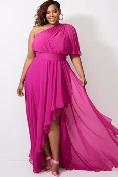 Feminino plus size formal quente rosa gola oblíqua manga curta bainha irregular babados dobra chiffon elegante casamento convidado maxi vestido