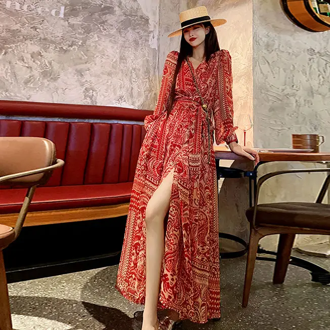 

Ankle length dress French gentle romantic waist cover elegant coffee break dress vacation ethnic style dress fairy