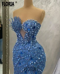 Elegant Full Pearls Beaded Mermaid Evening Dress Blue Crystal Sweetheart Floor Length Prom Dress Formal Celebrity Robe De Soiree