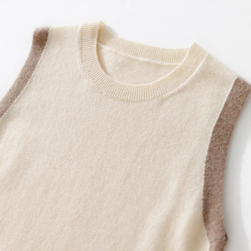 Women 100% Cashmere O-neck Knitted Vest Side Patchwork Sleeveless Pullover Spring Tanks Sweater Jumpe Knit Camisole Girl Clothes