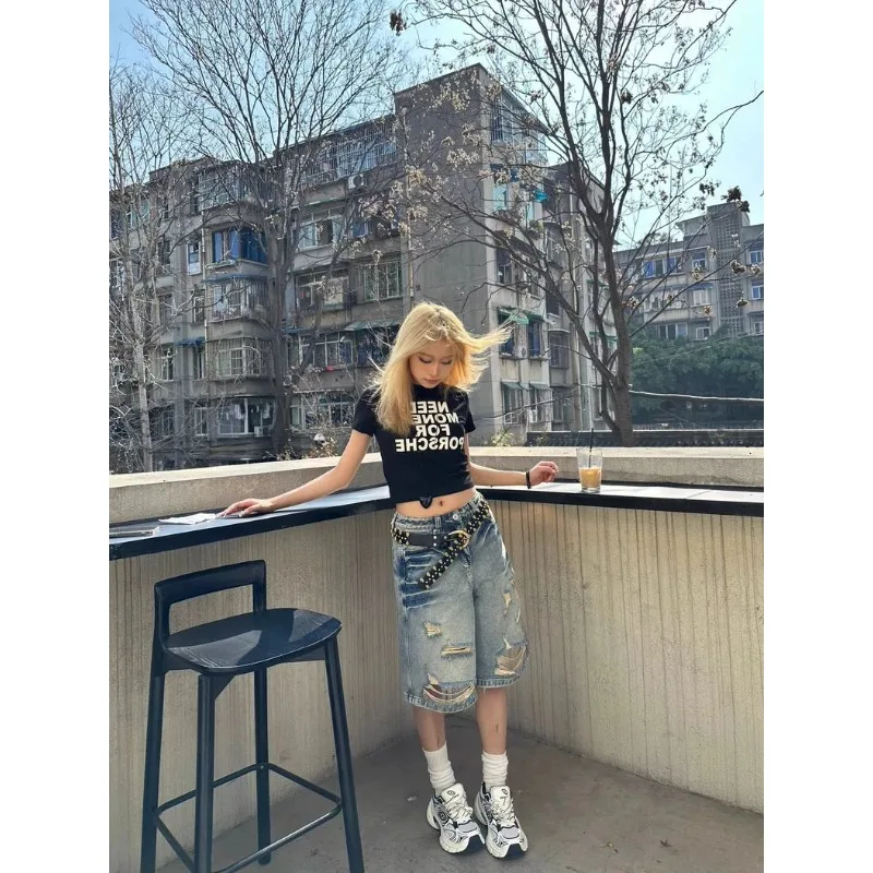 2025 otoño nueva personalidad rasgado cinco puntos pantalones cortos de mezclilla mujeres hasta la rodilla cintura alta pantalones vaqueros holgados mujeres