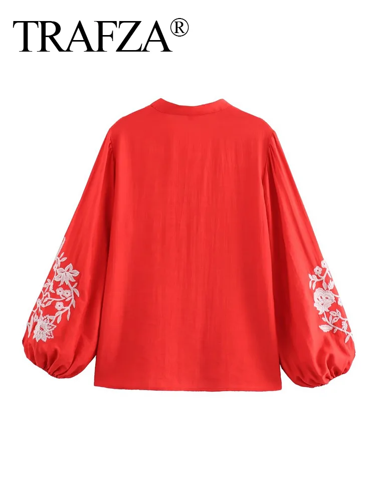 TRAFZA 2024 New Women Red Shirt Fashion Embroidery V Neck Long Sleeve Short Tops Casual Loose Blouse Mujer Roupas