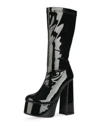 السماء الزرقاء الساخن الوردي الأصفر براءات الاختراع والجلود جولة تو منصة حذاء بكعب سميك سليم حذاء برقبة للركبة النساء فاسق عالية الكعب أحذية طويلة