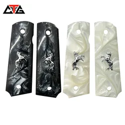 1911 Grips Full Size,Black White pearl,silver horse,Fits Colt, Kimber,Springfield,Remington,Rock Island,Government Commander