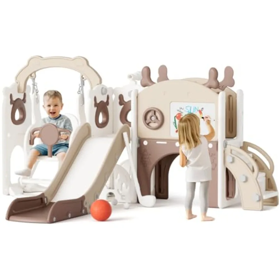 

Игровой комплекс 12 в 1 для малышей: горка и качели для детей 1-3 лет, для дома и улицы, с баскетбольным кольцом, доской для рисования и гольфом