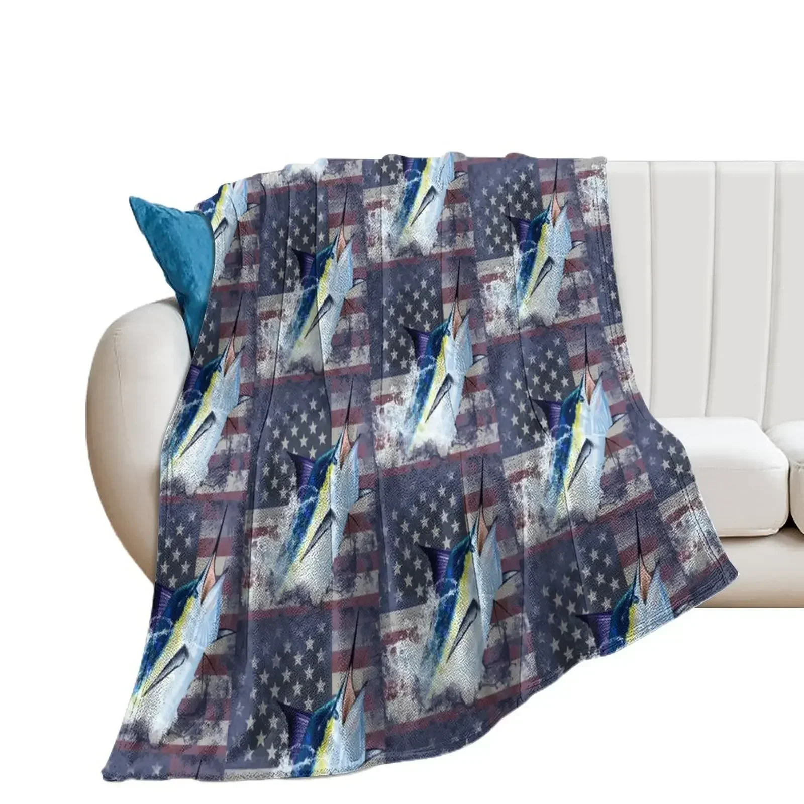 

Blue Marlin with US Flag Throw Blanket Winter beds Hairy Blankets