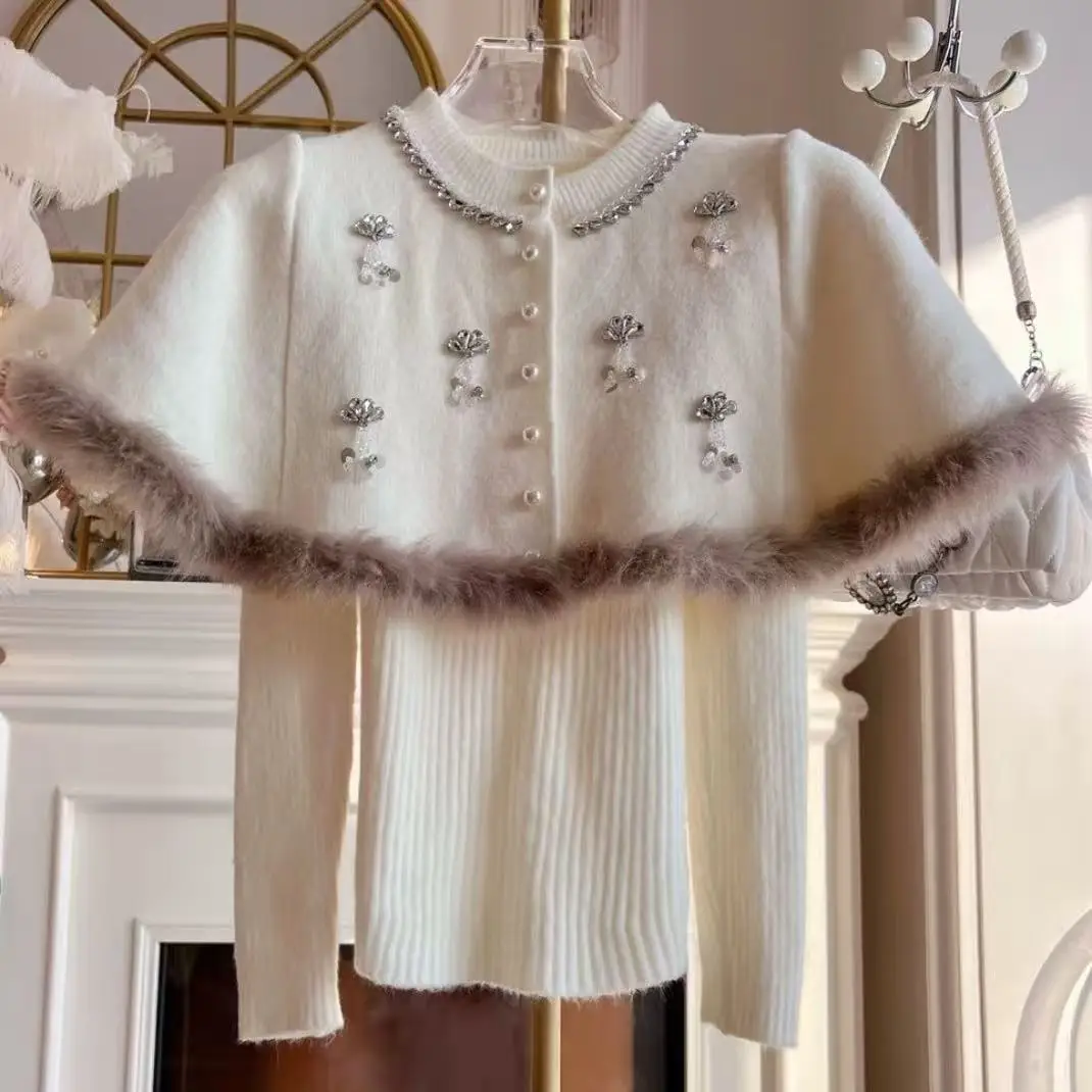 

Rhinestone Faux Fur Trim Cape Sweater Elegant Socialite Knitwear Top Slim Long Sleeve Knitted Two-Piece Knitwear Set for Women