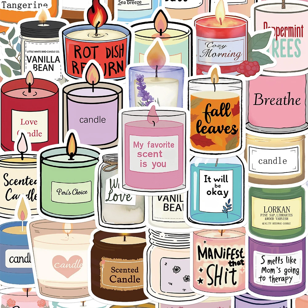 50pcs Colorful Cartoon Aromatherapy Candle Sticker Aesthetic Graffiti Decal For Laptop Luggage Notebook Scrapbook Phone Sticker