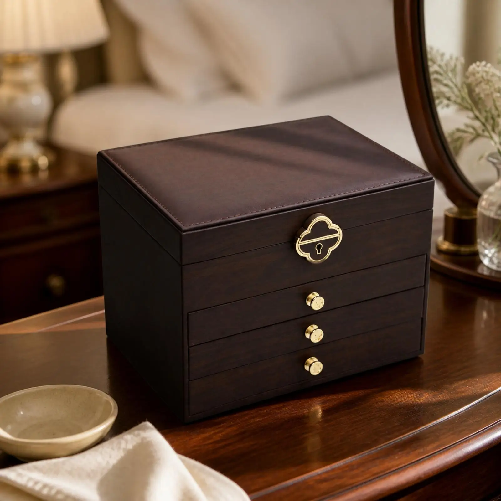 Jewelry Storage Box with Drawers Wood-Grain 4-Tier Jewelry Case Compact Large Capacity for Women, Dressing Table, Bedroom