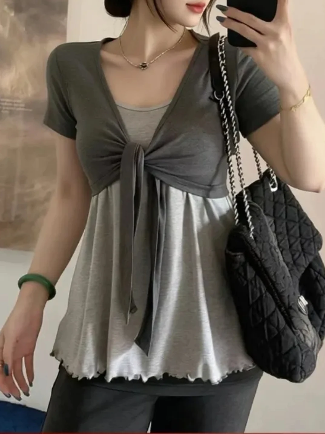 plus Size Korean Style V-Neck Short Sleeve Open Cardigan Summer New Slimming Grey Strap High Fashion Sense Fashion Set Women