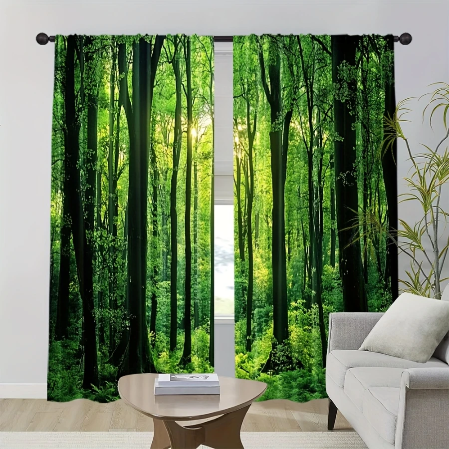 2PCS Digital Printed Curtains, Green Forest Nature Pattern, Four Seasons Holiday Polyester for Living Room Bedroom Kitchen Decor