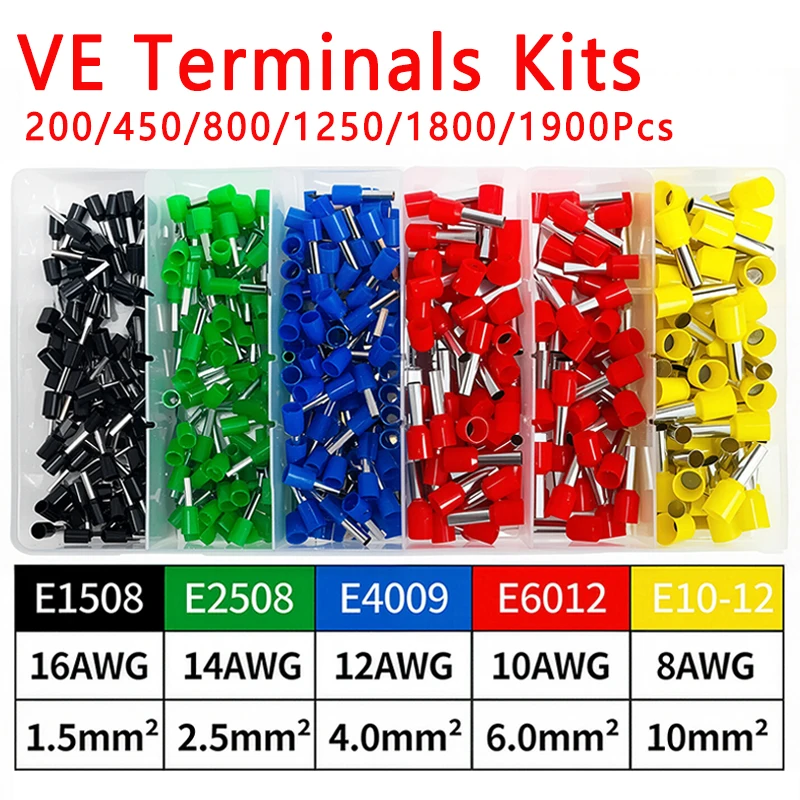200/450/800/1250/1800/1900Pcs Insulated Connector Terminal Crimp for Electrical Wire and Cable with Ring Connectors E1008 E1508