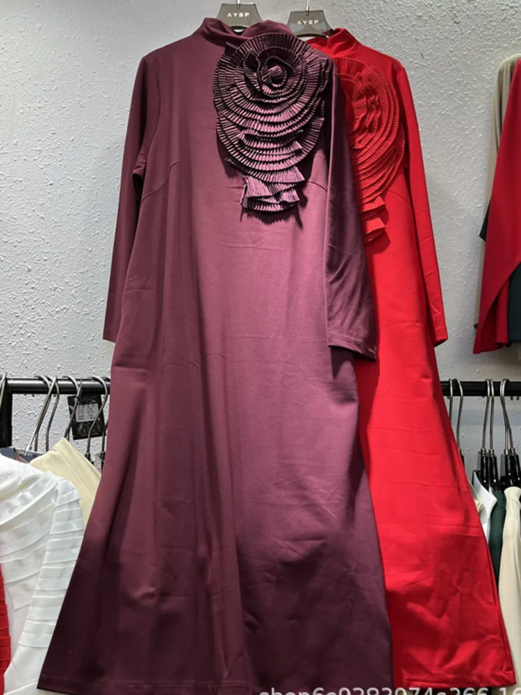 DFDG Women’s Spring Summer 2025 T-shirt Dress Pleated 3D Floral Half Turtleneck Loose Fit Chic Designer Casual Party Dress