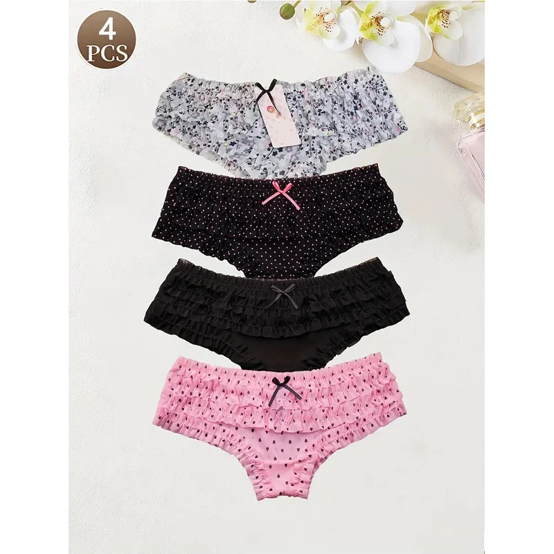 4PCS Cute dot small floral patterns sweet knitted fabric with lace stitching Women's low waist brief Seamless breathable