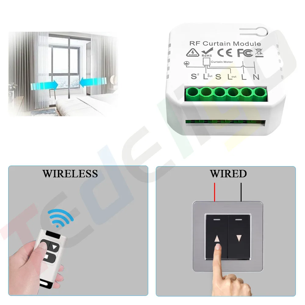 433MHz 16A 2 Way Curtain Switch Wireless Remote Control Roller Shutter Switch 110V 220V 240V Blind Switch Module with Transmiter